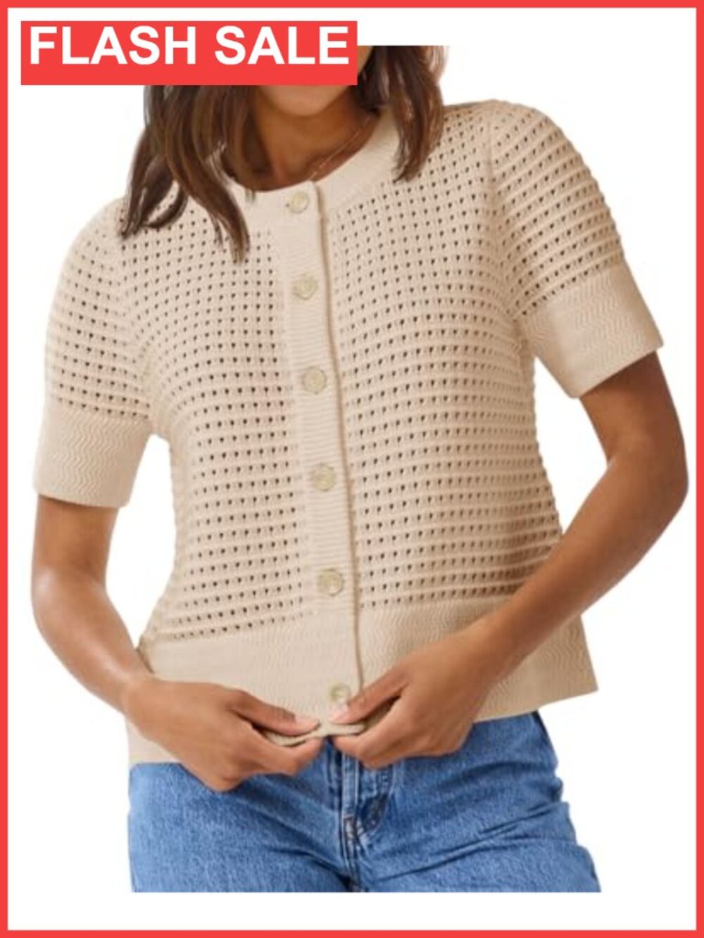 Crochet Short Sleeve Button Down Cardigan Pointelle Knit Summer Sweater Top